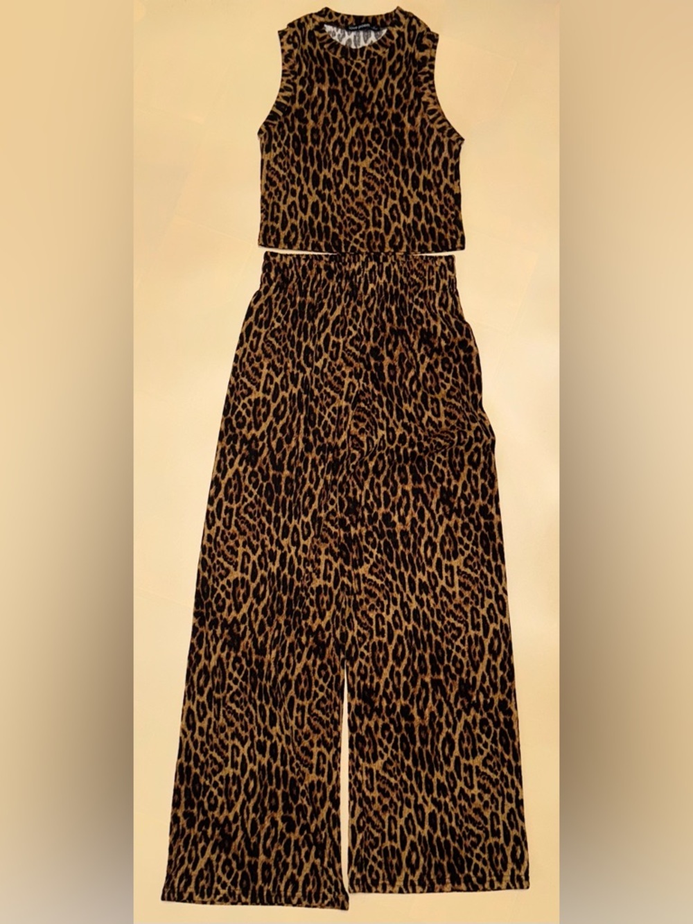 Love Poem Leopard Print 2 Piece Boutique Lounge Set Crop Top Wide Leg Pants